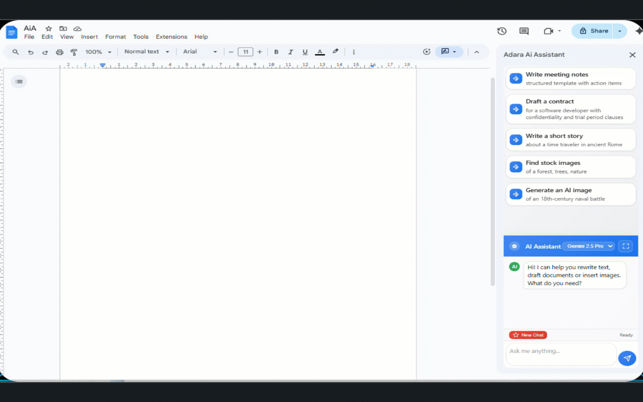 Adara AI Assistant in Google Docs offering stock search and AI image generation.