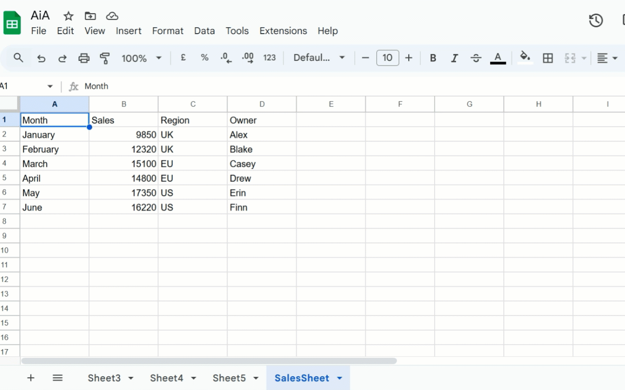 Adara AI Assistant sidebar in Google Sheets showing quick actions like Stock table and Highlight <5.