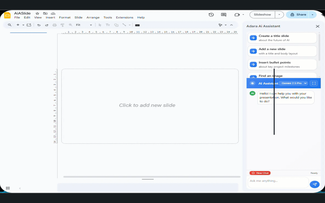 Adara AI Assistant creating a Slides project overview with agenda bullets and imagery.